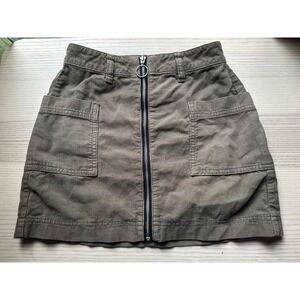 PacSun‎ Corduroy Mini Skirt Olive Green Front Zip O-Ring Utility Pockets Size 23